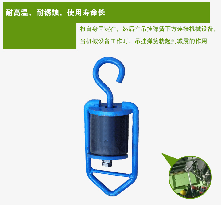 吊挂弹簧将自身固定在,然后在吊挂弹簧下方连接机械设备, 当机械设备工作时,吊挂弹簧就起到减震的作用